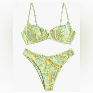 NWT Zaful Yellow Floral Bikini ruffle padded cups underwire and cheeky bottoms